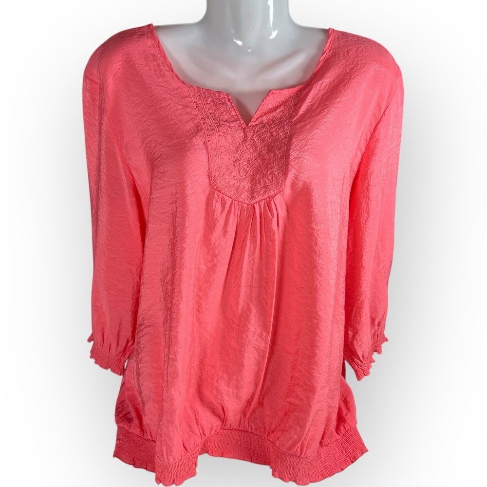 Pullover Peasant Top Coral Pink Sz. 20W Women's 3/4 Slv Cotton Blend Lightweight